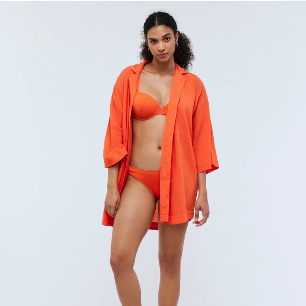 Crinkle Cotton Cover Up Mini Shirtdress in Coastal Orange - Madewell XS